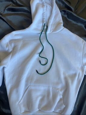 White Women's Pullover Hoodie with Green Teal Drawstrings